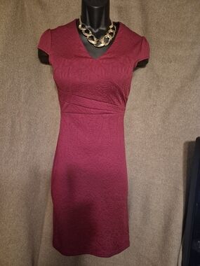 Women's Burgundy Textured V-Neck Sheath Dress
